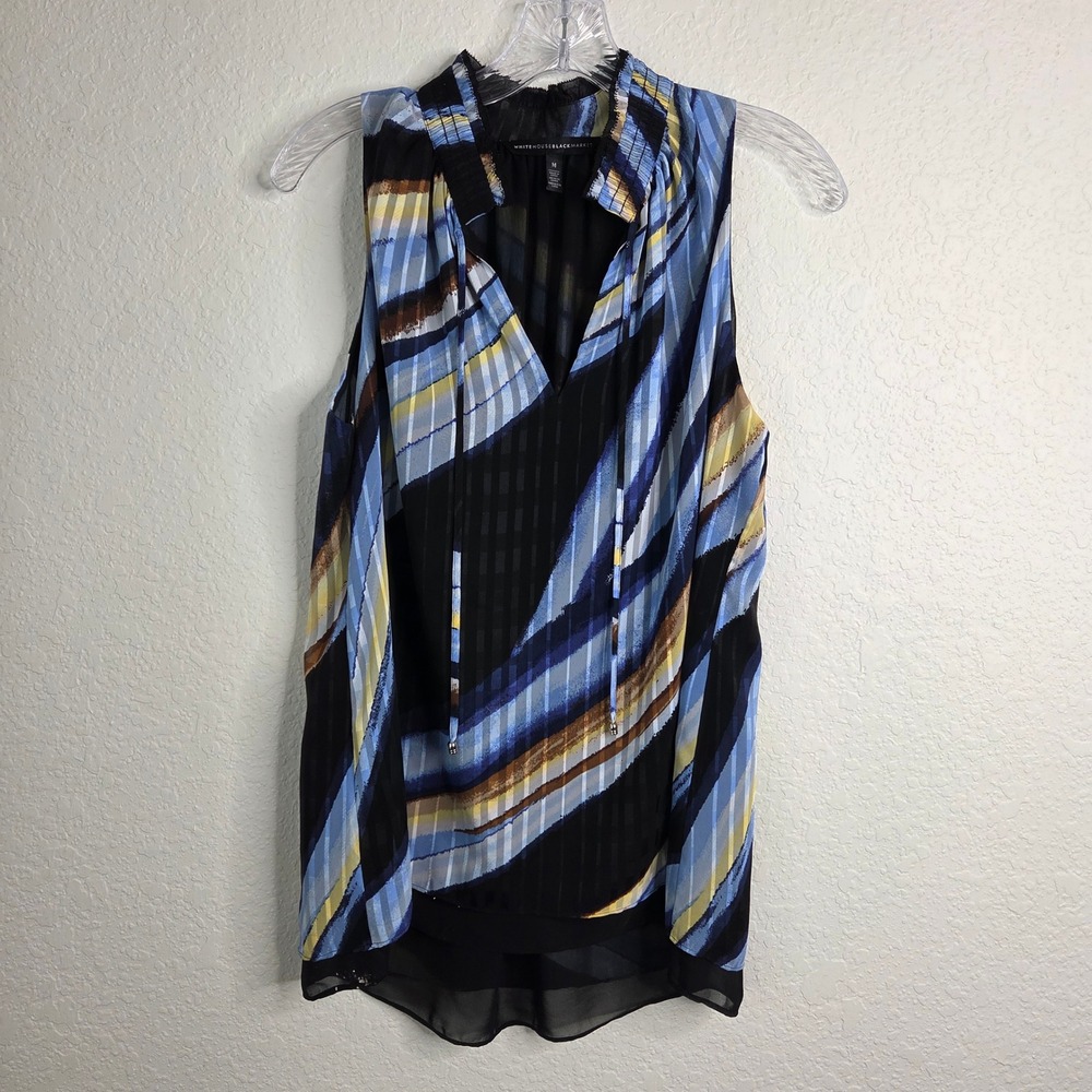 White House Black Market Blouse M Blue Abstract Smocked Tie Neck Eclectic Boho
